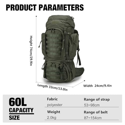 Mardingtop 60L Military Internal Frame Backpack for Hiking,Camping,Hunting,Rucksack Backpack with Rain Cover - color: Ranger Green