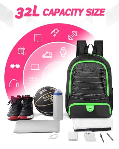Basketball Bag Backpack for Men Women with Ball & Shoes Compartment 30L Capacity Lightweight Breathable Boys Girls Soccer Ball Bag Backpack Fit Volleyball Football Sports Travel School Gym - color: TK13Green