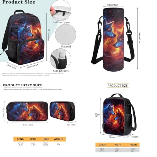 JEOCODY Cool Fire Wolf Kids Bookbag School Backpack with Lunch Box for Girls, Boys Backpack with Water Bottle Holder and Pencil Case Set of 4 School Supplies Organizer - color: Cool Fire Wolf Printedd