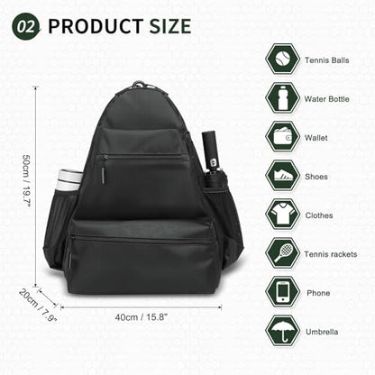 Tennis Backpack for Rackets, Waterproof Tennis Bag with Shoe Compartment, Wet/Dry Pocket, Fence Hook, for Tennis, Pickleball, Badminton - color: Black