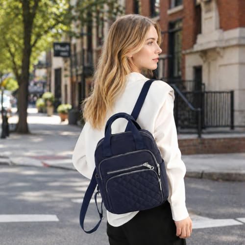 Small Backpack for Women Casual Quilted Square Bag Waterproof Multi Pockets Daypack Lightweight Top Handle Satchel - color: Dark Blue