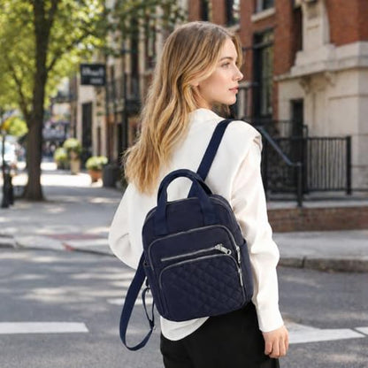 Small Backpack for Women Casual Quilted Square Bag Waterproof Multi Pockets Daypack Lightweight Top Handle Satchel - color: Dark Blue