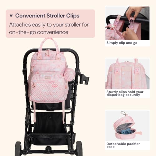 BabbleRoo Diaper Bag Backpack - Baby Essentials Travel Tote - Multi Function Water Resistant Diaper Bag, Travel Essentials Baby Bag with Changing Pad, Stroller Straps & Pacifier Case - Pink Birdy - color: Pink Birdy, size: Large