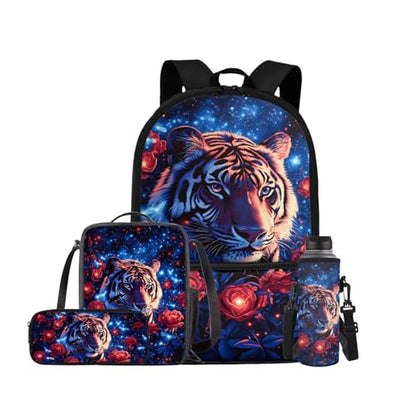 Aesthetic Tiger Backpack for Kids Girls Backpack with Lunch Box Water Bottle Carrier and Zipper Pencil Case 4PCS Set Bookbag with Front Pocket for School 17 inch Large Capacity School Bag - color: Aesthetic Tiger-2