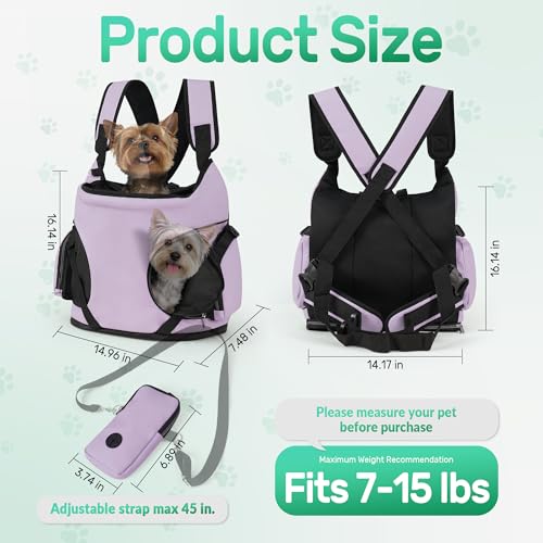 YUDODO Dog Front Backpack Carrier 7-15 lbs, Soft Breathable Pet Front Facing Carrier with Adjustable Straps, Multi-Pocket Design, for Small Dogs & Cats (with Detachable Sling Pouch - Purple) - color: Purple(Fits 7-15 lbs)