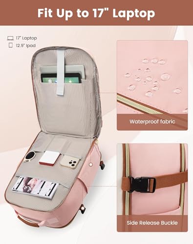LOVEVOOK 40L Travel Backpack for Women & Men, Airline Approved Carry On Luggage with 3 Packing Cubes, TSA Overnight Bags, Waterproof Personal Item Bag, Weekender Essentials Backpacks fits 17" Laptop - color: Light Grey-beige-pink, size: Large