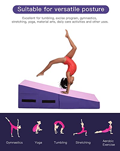HHS Folding Gymnastics Cheese Wedge Mat - 48x24x14 inch, Gymnastics Mat Non-Slip PVC Surface, Zipper Seal Design for Kids & Adults - Pink