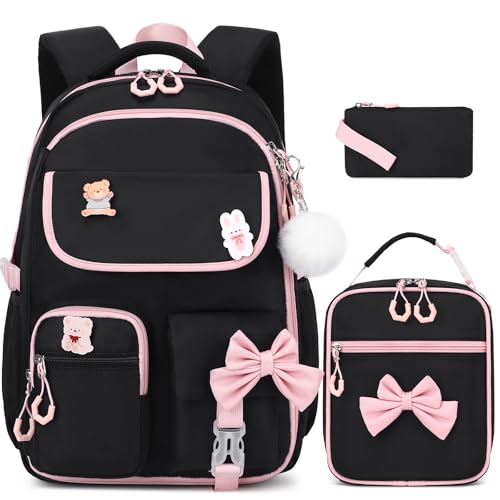ACESAK Girls Backpack - 3PCS Backpack for Girls Cute School Backpacks for Girl Kindergarten Elementary Preschool Middle Kids School Bags with Lunch Box Pencil Case Set (Black Pink) - color: Black Pink