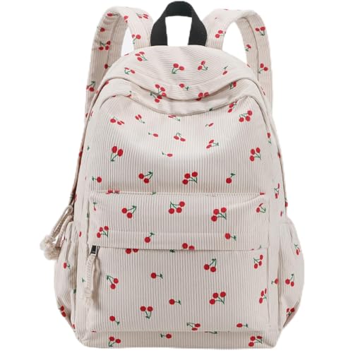 School Backpack for Girls, Corduroy Bookbag with 6X Cute Pin Accessories, Lightweight Laptop Bags for Teens, Women (Beige Cherry) - color: Beige Cherry