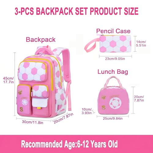 3PCS Kids Backpack Set, School Backpack with Lunch Bag & Pencil Case, Lightweight Waterproof Bookbag for Kids (Pink soccer) - color: Pink Soccer
