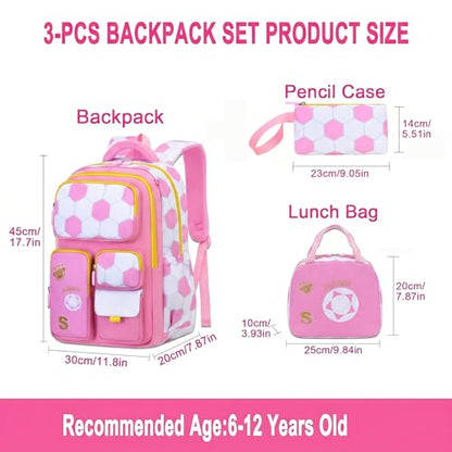 3PCS Kids Backpack Set, School Backpack with Lunch Bag & Pencil Case, Lightweight Waterproof Bookbag for Kids (Pink soccer) - color: Pink Soccer