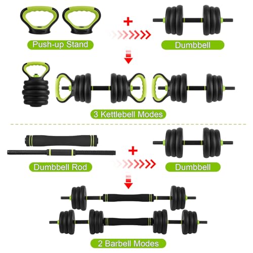 44LB 4-in-1 Adjustable Dumbbell Set – Dumbbells, Barbells, Kettlebells & Push-Up Handles – Home Gym Strength Training – Anti-Slip ABS Grip, Quiet Rubber-Coated Plates, Compact Design, Black+Green
