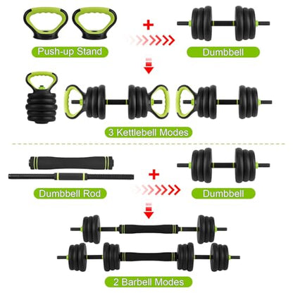 44LB 4-in-1 Adjustable Dumbbell Set – Dumbbells, Barbells, Kettlebells & Push-Up Handles – Home Gym Strength Training – Anti-Slip ABS Grip, Quiet Rubber-Coated Plates, Compact Design, Black+Green