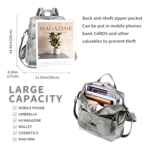 Backpack Purse for Women, PU Leather Backpack Purse, Fashion Travel Anti Theft Backpack, Multipurpose Lightweight Waterproof Convertible Purse Shoulder Bag Handbag, Grey - color: Grey