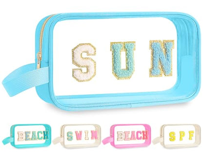 Kacctyen Letter Clear Makeup Bags Sun Pouch Blue Preppy Patch Clear Travel Bag with Zipper Chenille Nylon Cosmetics Waterproof Sandproof Bags Toiletry Storage Snack Sunscreen Pouch for Women - color: Blue, style: Sun