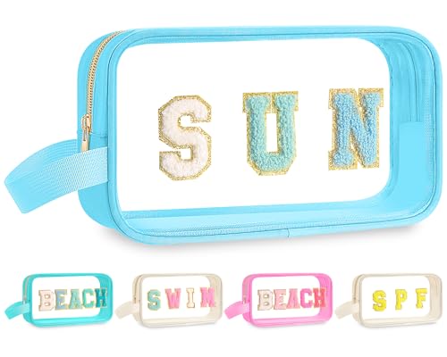 Kacctyen Letter Clear Makeup Bags Sun Pouch Blue Preppy Patch Clear Travel Bag with Zipper Chenille Nylon Cosmetics Waterproof Sandproof Bags Toiletry Storage Snack Sunscreen Pouch for Women - color: Blue, style: Sun