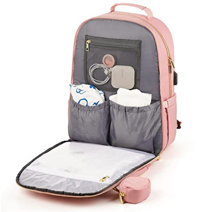 MOMUVO Diaper Bag Backpack, Quilted Baby Bag with Changing Pad & Stroller Straps & Pacifier Case, Large Travel Diaper Bags for Mom Dad, Pink - color: Pink