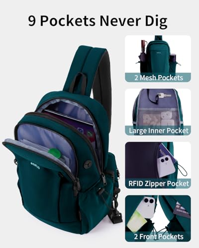 ECOHUB Anti-Theft Crossbody Bag Men Women, RFID Blocking Lightweight Sling Backpack Eco-Friendly with 9 Pockets Sturdy SBS Zippers Water Resistant for Travel Work Hiking Outdoor, Turquoise - color: Turquoise