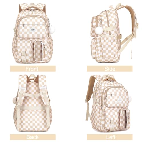 ACESAK Backpack for Girls - Girls Backpack with Lunch Bag & Pencil Pouch for Teen Kids Laptop Backpack for Women, Elementary Middle High School Bookbag Travel Daypack (Brown Checkered) - color: Brown Checkered