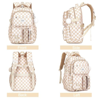 ACESAK Backpack for Girls - Girls Backpack with Lunch Bag & Pencil Pouch for Teen Kids Laptop Backpack for Women, Elementary Middle High School Bookbag Travel Daypack (Brown Checkered) - color: Brown Checkered