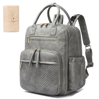 Leather Diaper Bag Backpack for Women with Multiple Pockets,Laptop Compartment and Changing Pad. - color: Grey