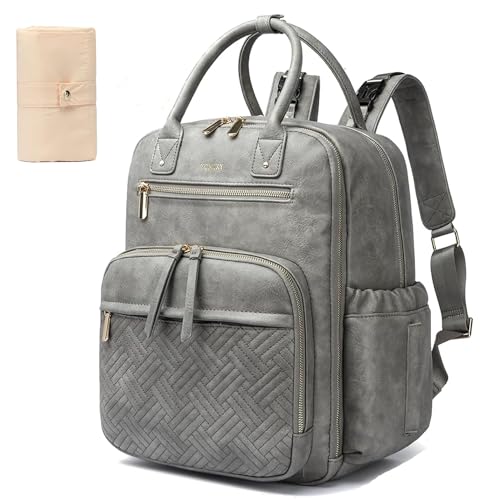 Leather Diaper Bag Backpack for Women with Multiple Pockets,Laptop Compartment and Changing Pad. - color: Grey