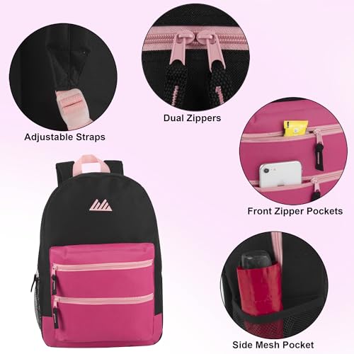 Summit Ridge Colorful Big Backpack for School Kids, Multi Pocket Backpack for Elementary, Middle School Girls, Boys with Padded Straps (Black/Pink) - color: Black/Pink