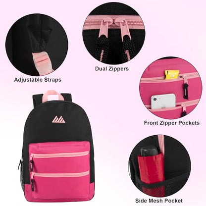 Summit Ridge Colorful Big Backpack for School Kids, Multi Pocket Backpack for Elementary, Middle School Girls, Boys with Padded Straps (Black/Pink) - color: Black/Pink