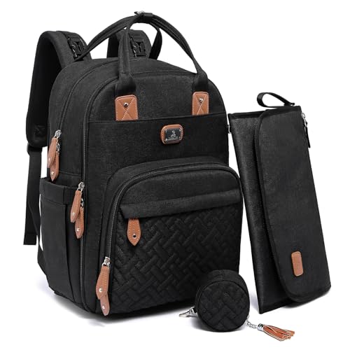 Dikaslon Diaper Bag Backpack with Portable Changing Pad, Pacifier Case and Stroller Straps, Large Unisex Baby Bags for Boys Girls, Multipurpose Travel Back Pack Moms Dads, Black - color: Black