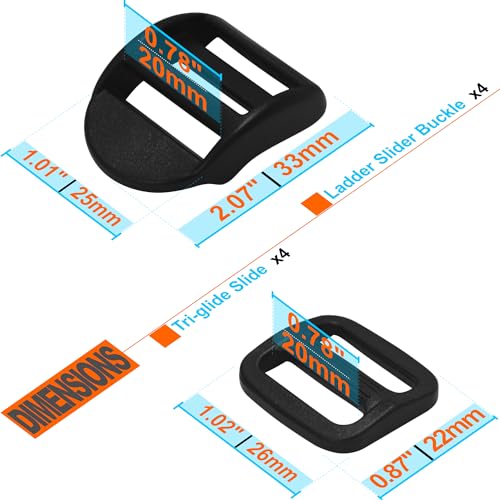 LASIGHT 4 Pack Slider Ladder Lock Buckle and Tri-glide Slide for 3/4", 1", 1-1/4", 1-1/2", 2" Webbing Strap - style: Fit 3/4" Webbing
