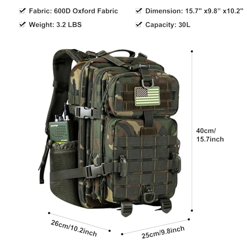 Hannibal Tactical 30L MOLLE Assault Pack, Tactical Backpack Military Army Camping Rucksack with Bottle Holder, 3-Day Pack, US Woodland - color: Us Woodland, size: 30L