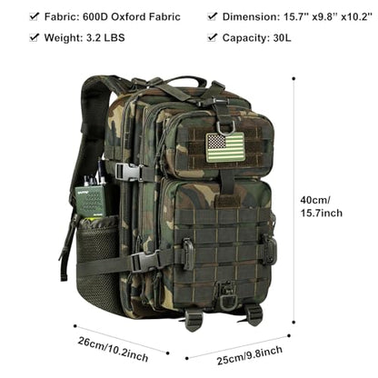 Hannibal Tactical 30L MOLLE Assault Pack, Tactical Backpack Military Army Camping Rucksack with Bottle Holder, 3-Day Pack, US Woodland - color: Us Woodland, size: 30L