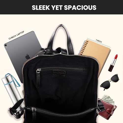 12.5 Inch Genuine Leather Backpack for Women and Men, Black Leather Backpack with Adjustable Shoulder Strap - color: Black