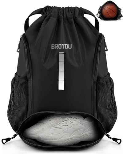 BROTOU Soccer Drawstring Backpack, Basketball Bag, Volleyball Football Bags with Ball and Shoe Compartment - color: Black