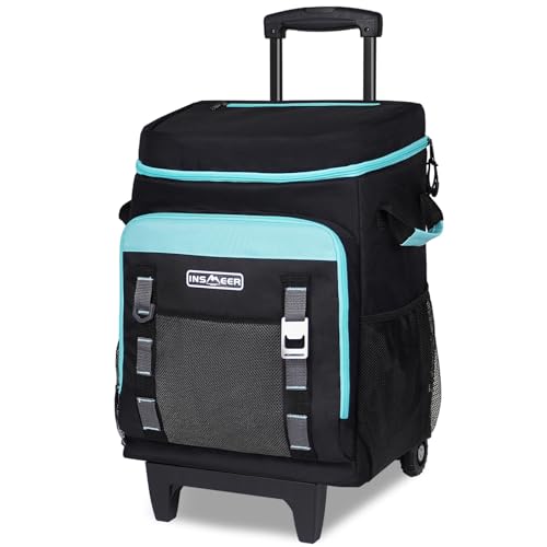 INSMEER Cooler with Wheels and Handle, 80 Cans/50L Rolling Cooler, Portable Soft Sided Cooler with Wheel, 2-in-1 Collapsible Trolley Cart, Large Coolerbag for Grocery Shopping - color: Black