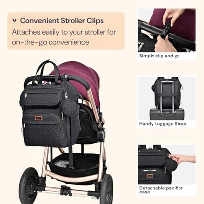 BabbleRoo Diaper Bag Backpack, Multifunction Nappy Changing Bag with Changing Pad, Stroller Straps & Pacifier Case, Unisex Stylish Travel Back Pack for Moms & Dads - Black - color: Black