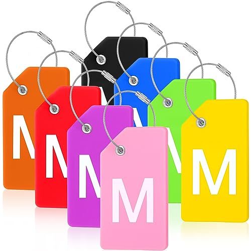 8 Pcs Initial Letter A-Z Luggage Tags Silicone Suitcase Instrument Tag with Name Card and Stainless Steel Loop(Letter M,Colorful) - size: Letter M, style: Colorful
