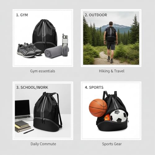 Drawstring Backpack Gym Bag with Shoes Compartment, Water‑Resistant String Backpack, Dry‑Wet Separation Cinch Sack for Soccer Basketball Swim Beach Sports for Women Men-Black - color: Black