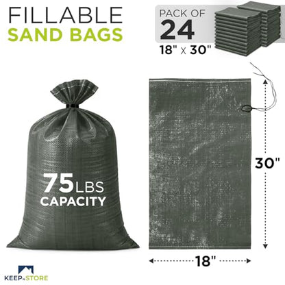 Heavy Duty Sand Bags Pack of 24, Army Green Empty Sandbags with Built-In Ties, Woven Polypropylene UV Protection 1600 Hours, Fillable Bags for Flood Control, Weight, 18x30 inches, 75 Pounds Volume - size: 18"W x 30"L, style: Pack of 24