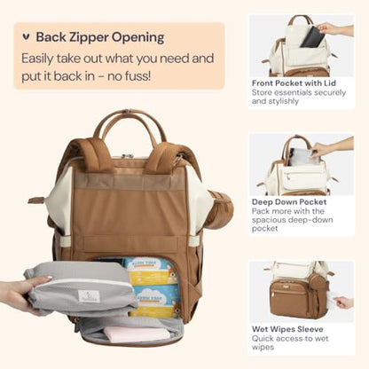 BabbleRoo Leather Diaper Bag Backpack, Multifunction Large Bags with Changing Pad & Stroller Straps & Pacifier Case, Unisex Stylish Travel Back Pack Nappy Changing Bag for Moms Dads (Caramel Cream) - color: Vegan Leather, Caramel Cream