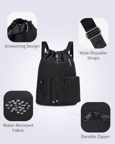 WANDF Drawstring Backpack Sports Gym Bag with Shoes Compartment, Water-Resistant String Beach Sackpack Swim Bag for Women and Men (Black) - color: Black