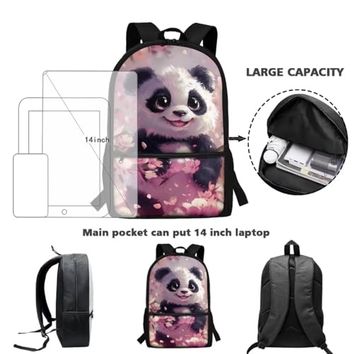 ZDCUSTOM Panda Backpack Set with Lunch Bags for Kids, School Backpack for Girls 1st 2nd 3rd Grade, Elementary Bookbag with Pencil Pouch, Cup Sleeve, Keychain, Pink School Bag for Girls - color: Panda