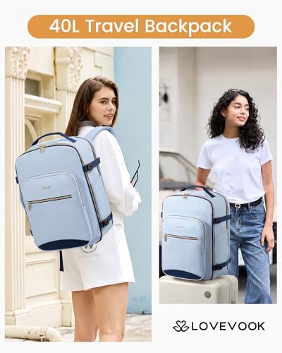 LOVEVOOK 40L Travel Backpack Flight Approved Carry on Backpack,3 Packing Cubes,Waterproof Personal Item Travel Bag,TSA Carry on Luggage Suitcase Travel Essentials,Gifts for Women & Men,fits 17" Laptop - color: Sky Blue - Retro Indigo, size: Large-40L-4Pcs