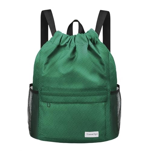 Waterproof Drawstring Backpack Sports Gym Sackpack with Mesh Pockets Water-Resistant String Cinch Beach Bag for Men Women - color: Solid - Green