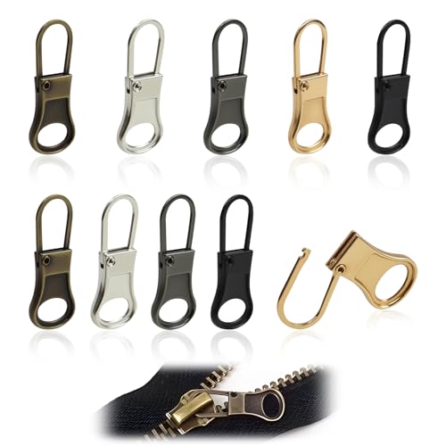 RJLCTH 10 Pcs Zipper Pull Replacement, Metal Zipper Pull Tabs | Universal metal pull tabs for jacket, pants, coat, shoes, backpack, suitcase, purse, and luggage zipper repair; 5 colors