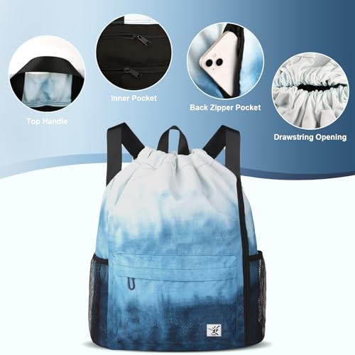 Drawstring Backpack with Mesh Pockets String Gym Bag Sackpack Sandproof Water Resistant Beach Backpack for Men Women - color: Gradient Blue