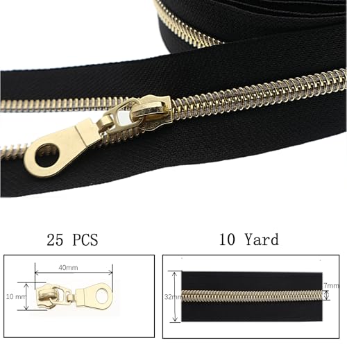 #5 Gold Metallic Nylon Coil Zipper by The Yard, Bulk 10 Yards Black Tape Gold Teeth with 25PCS Gold Zippers Pulls for Sewing, Bags, Purses YIGUANXIN - color: Black-Gold
