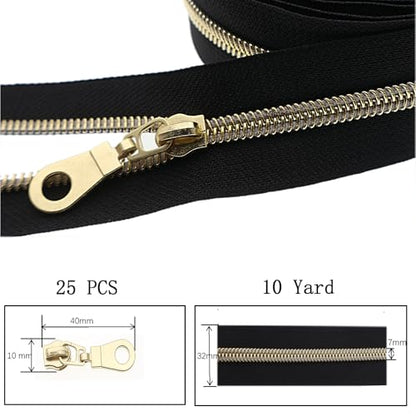 #5 Gold Metallic Nylon Coil Zipper by The Yard, Bulk 10 Yards Black Tape Gold Teeth with 25PCS Gold Zippers Pulls for Sewing, Bags, Purses YIGUANXIN - color: Black-Gold