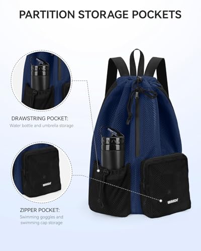 WANDF Swim Bag for Swimmers, Mesh Beach Backpack - color: Navy Blue With 2 Front Pockets, size: Large