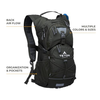 Teton Oasis/Trailrunner Hydration Backpack – Lightweight Water Pack with 2L/3L Bladder for Hiking, Running, Cycling, Biking 18L/22L Sizes – Sewn-in Rain Cover – Fits Men and Women - color: Onyx, size: 18 Liters